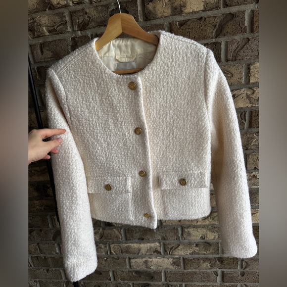 Abercrombie & Fitch White Bouclé Wool Blend Cropped Jacket Gold Buttons Size M - Picture 3 of 13